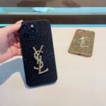 YSL Black Glitter Vertical Stripe 3D Gold Logo Luxury Phone Case - 图片 2