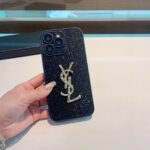 YSL Black Glitter Vertical Stripe 3D Gold Logo Luxury Phone Case - 图片 3