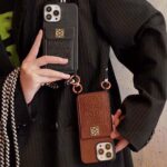 Loewe Style Leather Card Holder Phone Case with Crossbody Woven Strap