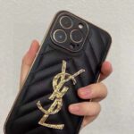 YSL V-Shaped Quilted Leather Diamond Metal Logo Electroplated Frame Luxury Phone Case - 图片 2