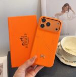 Hermès Signature Orange Stitched Monogram Metal H Logo Luxury Phone Case