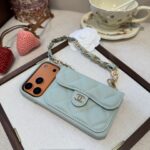 Light Blue Chanel Style Quilted Caviar Leather Card Slot Chain Strap Luxury Phone Case - 图片 4