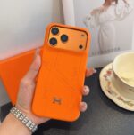 Hermès Signature Orange Stitched Monogram Metal H Logo Luxury Phone Case - 图片 3