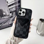 LV & Gucci Carbon Fiber Pattern Phone Case - Premium Material with Leather Finish, V-Shaped Card Holder - 图片 4