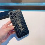 YSL V-Shaped Quilted Leather Diamond Metal Logo Electroplated Frame Luxury Phone Case - 图片 7