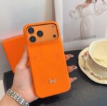 Hermès Signature Orange Stitched Monogram Metal H Logo Luxury Phone Case - 图片 2