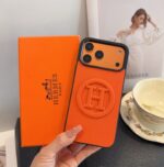 Hermès Signature Orange Embossed H Logo Leather Phone Case