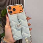Light Blue Chanel Style Quilted Caviar Leather Card Slot Chain Strap Luxury Phone Case - 图片 5
