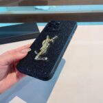 YSL Black Glitter Vertical Stripe 3D Gold Logo Luxury Phone Case - 图片 5