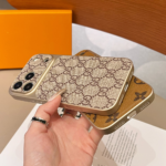 LV & Gucci Classic Monogram Electroplated Frame Luxury Leather Phone Case - 图片 3