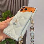 Light Blue Chanel Style Quilted Caviar Leather Card Slot Chain Strap Luxury Phone Case - 图片 7