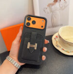 Hermès-Style Leather Card Holder Phone Case with H Buckle & Shockproof Bumper - 图片 2