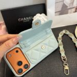 Light Blue Chanel Style Quilted Caviar Leather Card Slot Chain Strap Luxury Phone Case - 图片 6