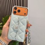 Light Blue Chanel Style Quilted Caviar Leather Card Slot Chain Strap Luxury Phone Case - 图片 2