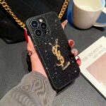 YSL Black Glitter Vertical Stripe 3D Gold Logo Luxury Phone Case