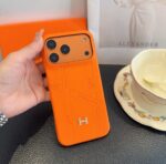 Hermès Signature Orange Stitched Monogram Metal H Logo Luxury Phone Case - 图片 5